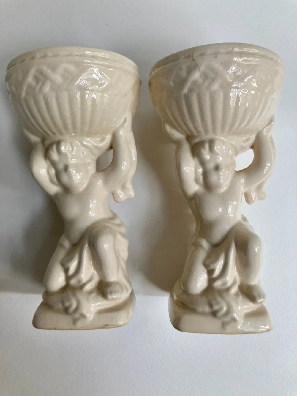 Vintage Rococo Pair of Cream Ceramic Cherub Urns